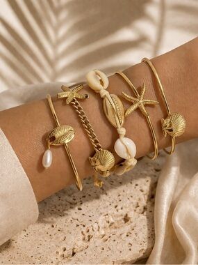 Gold Shell & Cowrie Beach Bangle Set - Women Jewelry
